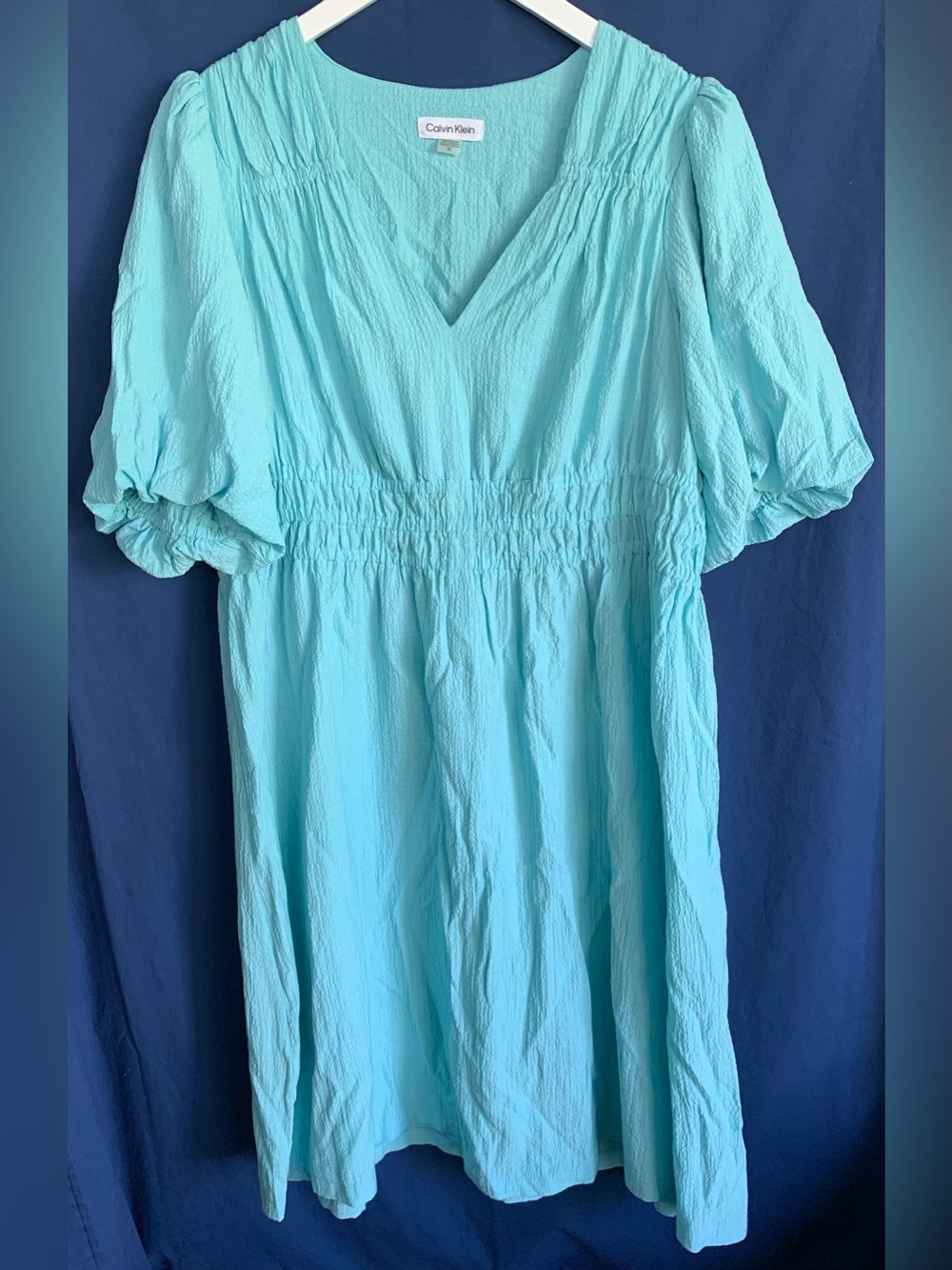Calvin Klein Aqua V-Neck Smocked-Waist Midi Dress